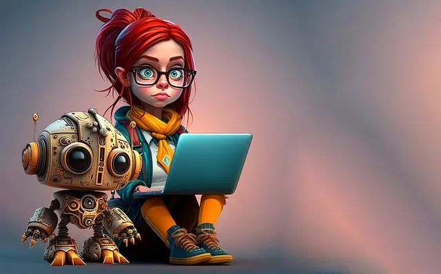 A graphic where a woman wearing specs types on the laptop besides a robot