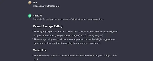 Screenshot of ChatGPT providing a generic overview of the quantitative data, which was not what I was looking for.