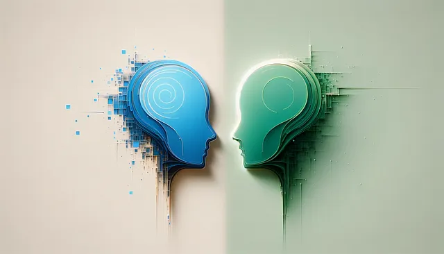 The image features two abstract, side-facing head profiles, one blue and the other green, against a light background. They have simplistic inner designs, with the blue head showing concentric circles and the green head sporting a single swirl. Both have a pixelated trail behind them, suggesting digital fragmentation or assembly. The artwork conveys a modern, digital vibe, possibly representing technology or communication.