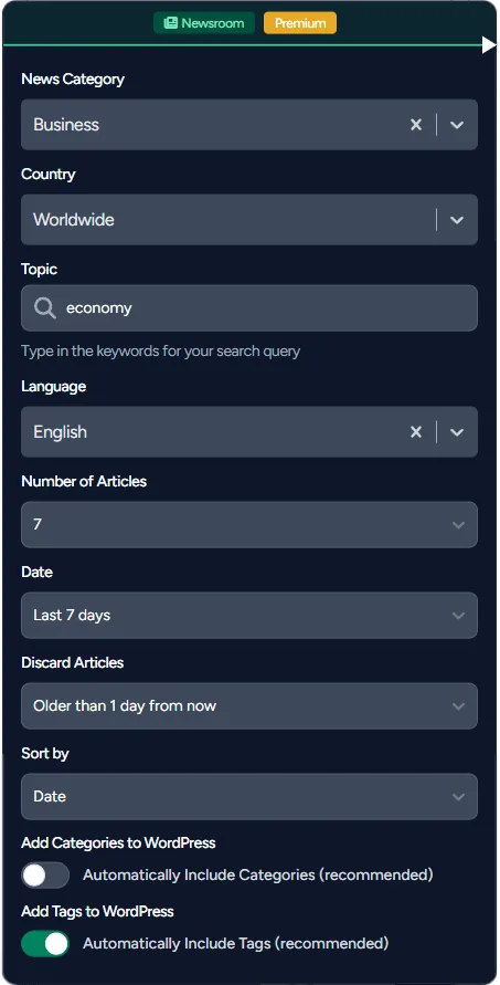 The Newsroom Node is designed for effortlessly sourcing news articles from the web, with a range of settings for customization