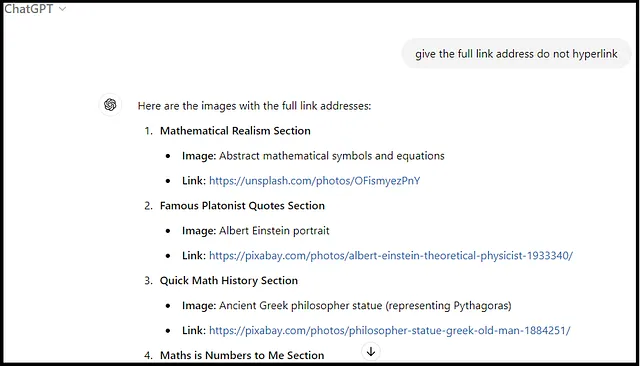 Screenshot of Image Linker Prompt Output in ChatGPT