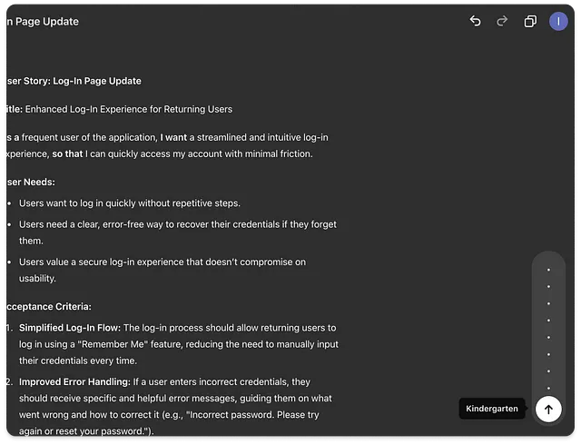The image displays a “Login Page Update” document titled “Enhanced Log-In Experience for Returning Users.” It outlines user needs for a streamlined log-in process, credential recovery, and secure usability. Acceptance criteria mention a “Remember Me” feature for a simplified log-in flow and improved error handling with clear messages. At the bottom right, there is a label reading “Kindergarten,” indicating that the content’s reading level has been set to a very basic level for simplicity.
