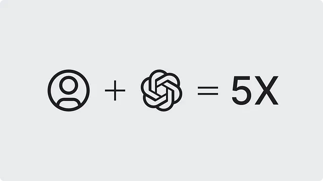 The image features a simple visual equation: an icon of a person plus the ChatGPT logo equals “5X.” This suggests that using ChatGPT can make tasks, such as writing or productivity, five times faster when combining human effort with AI assistance. The design is minimalistic, using black icons and text on a light gray background to convey the message clearly.