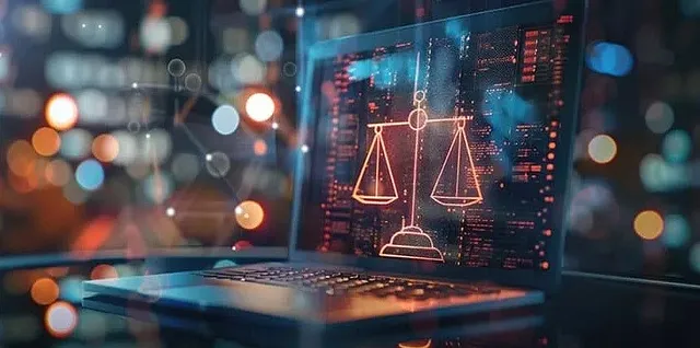 The image visually represents the concept of digital justice or the intersection of law and technology. The scales of justice, a symbol of fairness and balance, combined with the digital backdrop suggest the application of legal principles in the digital realm.