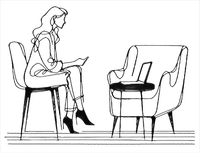 Line drawing of a woman sitting on a chair talking to a laptop on a small table in front of another chair