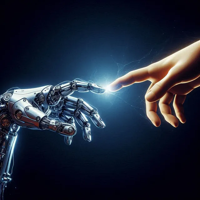 Finger touching from the robotic and human hands. (Source: Bing Image creator)