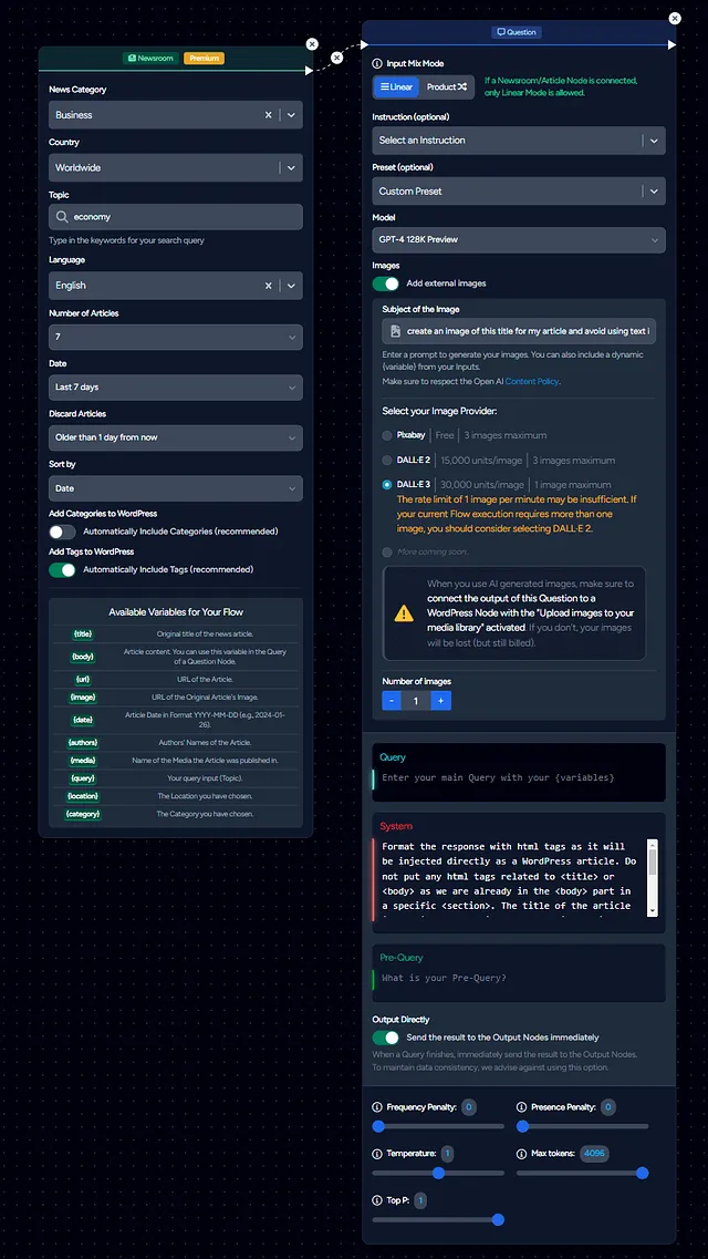 The Question node is the centrepiece of your flow. This is where queries are generated and then processed depending on the inputs you decided to link.