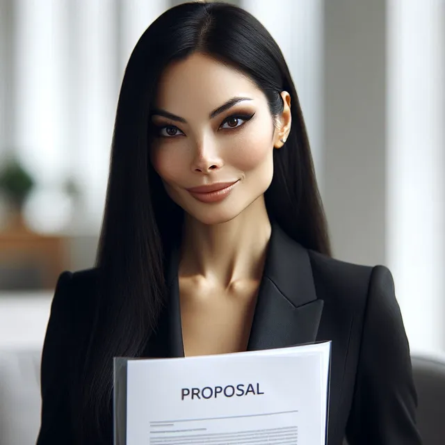 Professional looking business woman holding up paper that reads “Proposal”