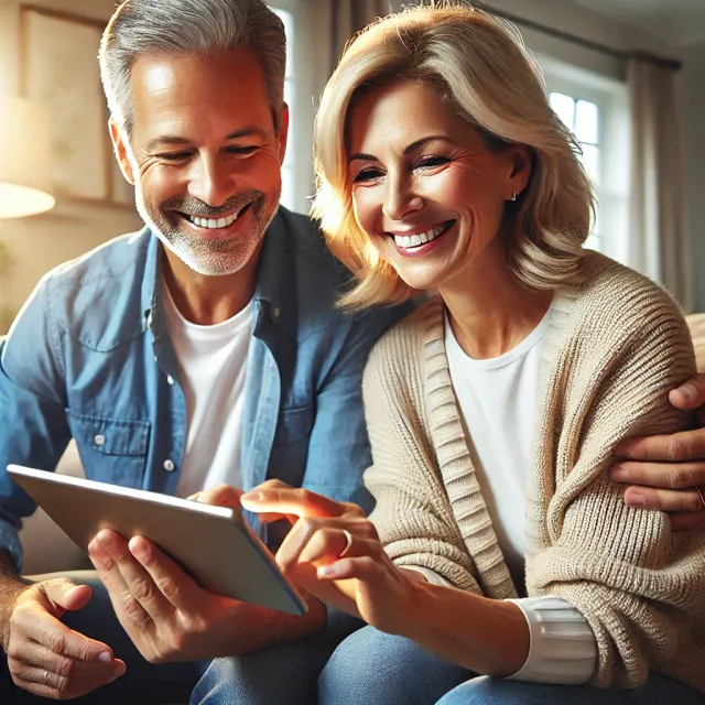 A smiling older couple reviewing their finances together on a tablet, looking optimistic about the future.