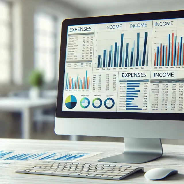 Description: A computer screen displaying financial reports, charts, and graphs, representing how ChatGPT helps generate and organize accounting data quickly