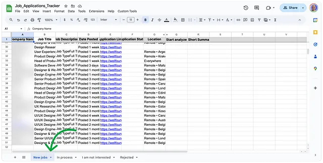 The image shows a job application tracker spreadsheet in Google Sheets. The spreadsheet contains columns labeled “Company Name,” “Job Title,” “Job Description,” “Date Posted,” “Application Link,” “Application Status,” “Location,” “Start analyze,” and “Short Summary.” There is an arrow pointing to the tab titled “New jobs,” indicating that this tab is selected. The spreadsheet lists job details, mostly for remote roles across different locations such as Belgium, Malta, and Estonia. The “Applicati