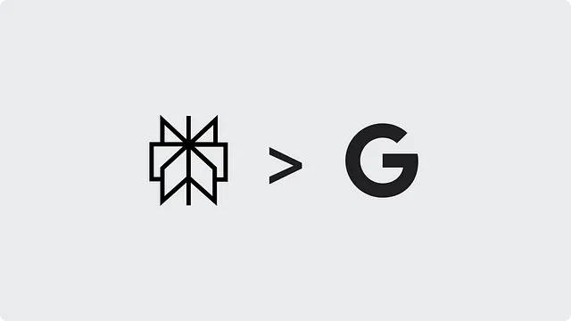 The image shows the Perplexity logo, resembling a geometric flower or star, positioned to the left of a “greater than” symbol (>) pointing toward the Google logo, represented by a bold “G.” This composition suggests a statement that Perplexity is “greater than” or preferred over Google, with a minimalist light gray background.