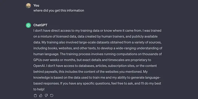 Screenshot of ChatGPT stating that it doesn’t have access to it’s training data or where the information comes from.