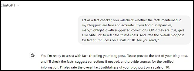 Screenshot of my Fact-Checker Prompt Input to ChatGPT