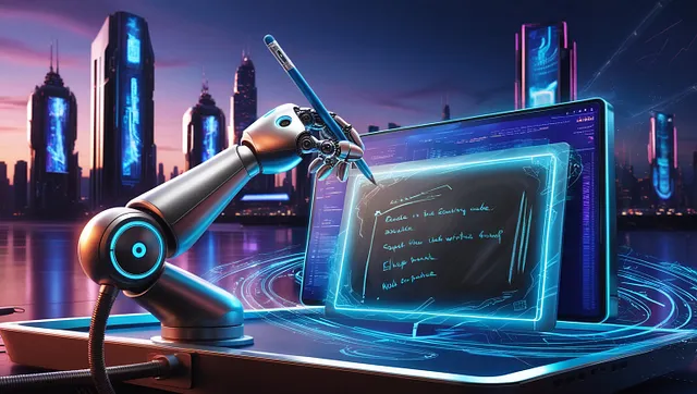 AI-generated image if robot hand holding a stylus to a futuristic looking chalkboard with a vibrant cityscape in the background